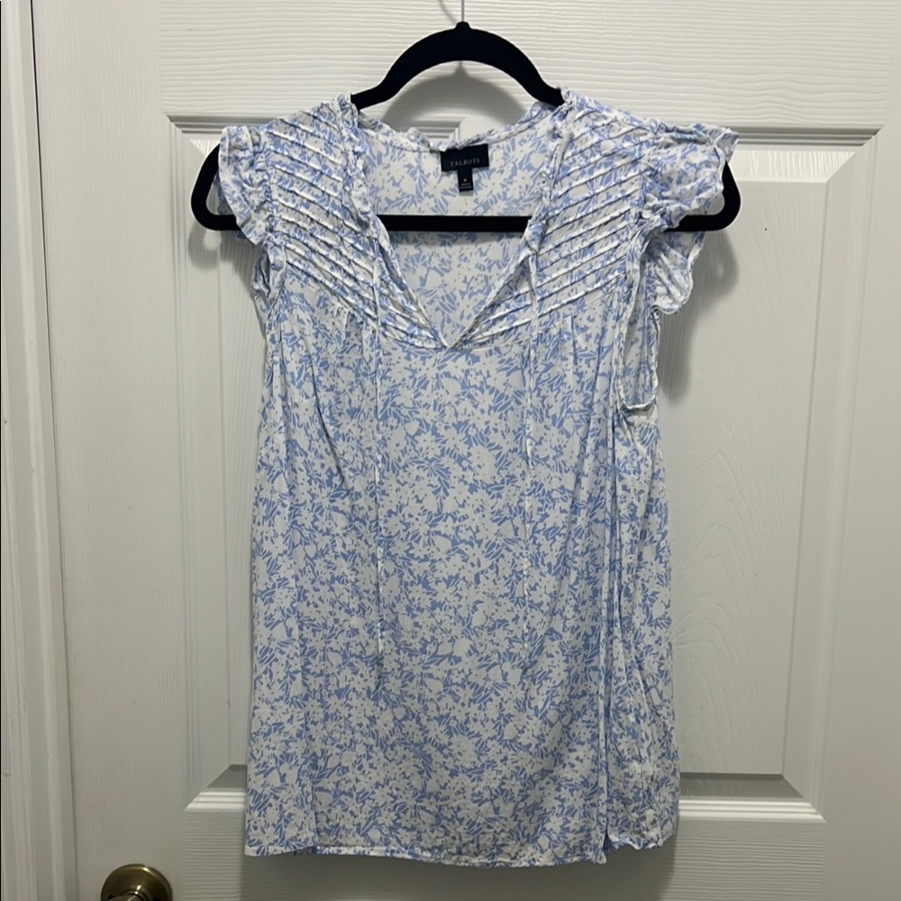 Talbots Blue and White Floral Pleated Blouse